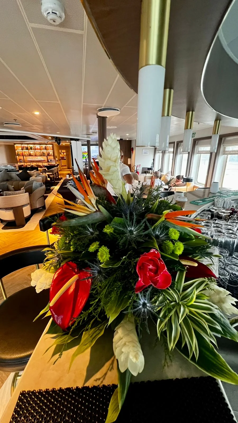Tropical flower arrangement prepared onboard for yacht guests