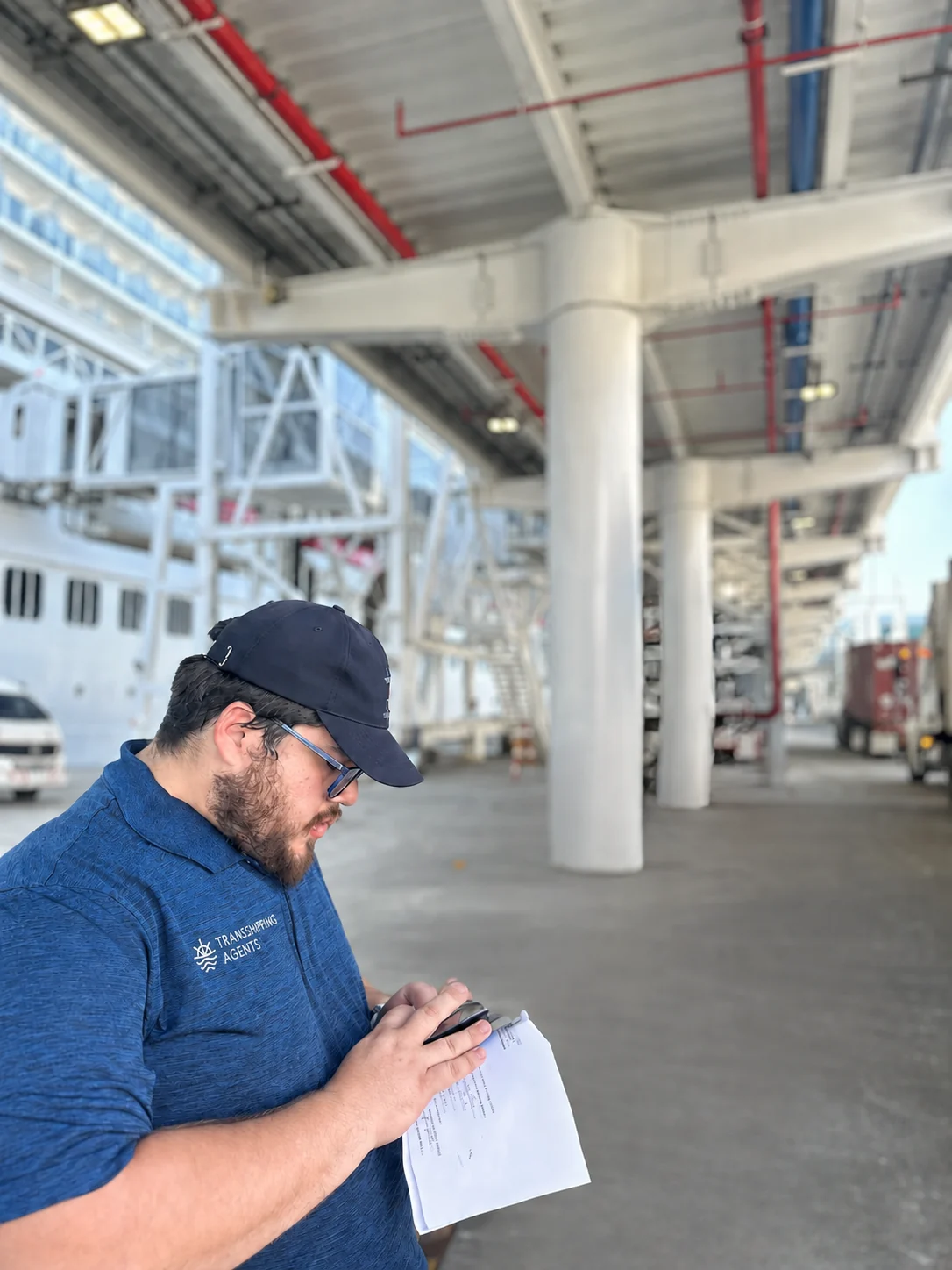 Omar Roman coordinating documentation at a Panama cruise terminal