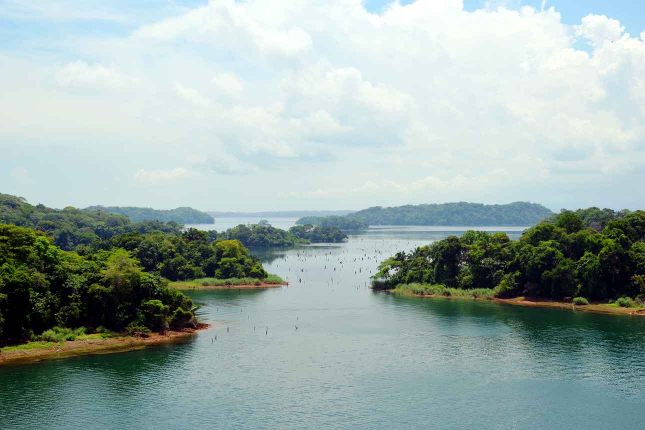 Landscape surrounding Gatun Lake being viewed down the length of the Panama Canal