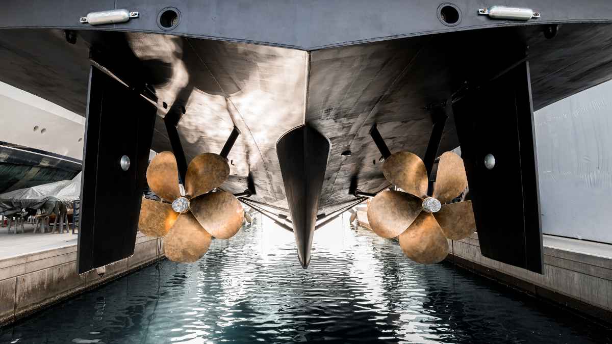 Hull of Superyacht with propellers hoisted out of water