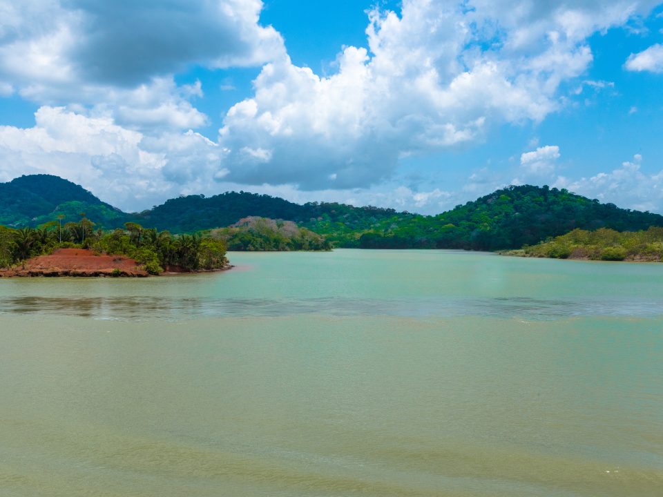 Gatun Lake with rainforest and hills in background